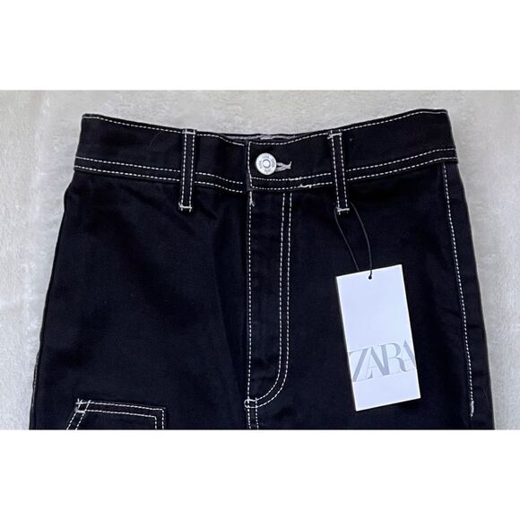 NWT Zara High Waist Long Black Denim Contrast Stitched Apron Skirt, Size XXS - Picture 5 of 9